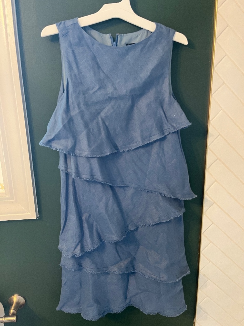Worth NY Blue Linen Sleeveless Tiered Ruffle Dress